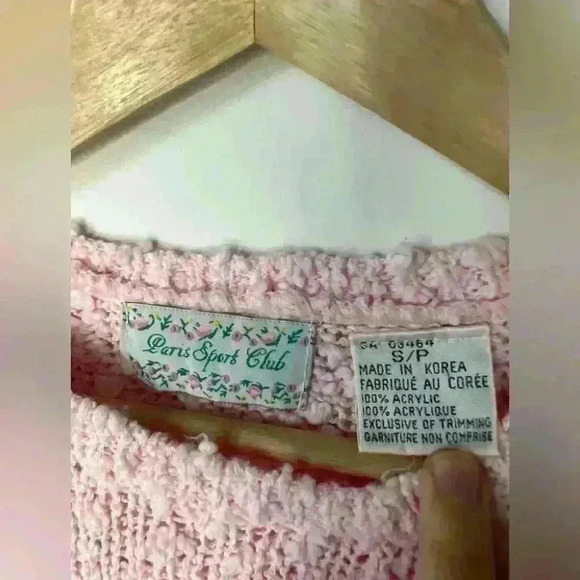 Vintage Paris Sports Club Prep Light Pink Knit Floral Embroidered Sweater Small - Picture 6 of 11